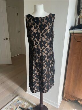 Leslie Fay Black Lace Midi Dress with Nude Lining